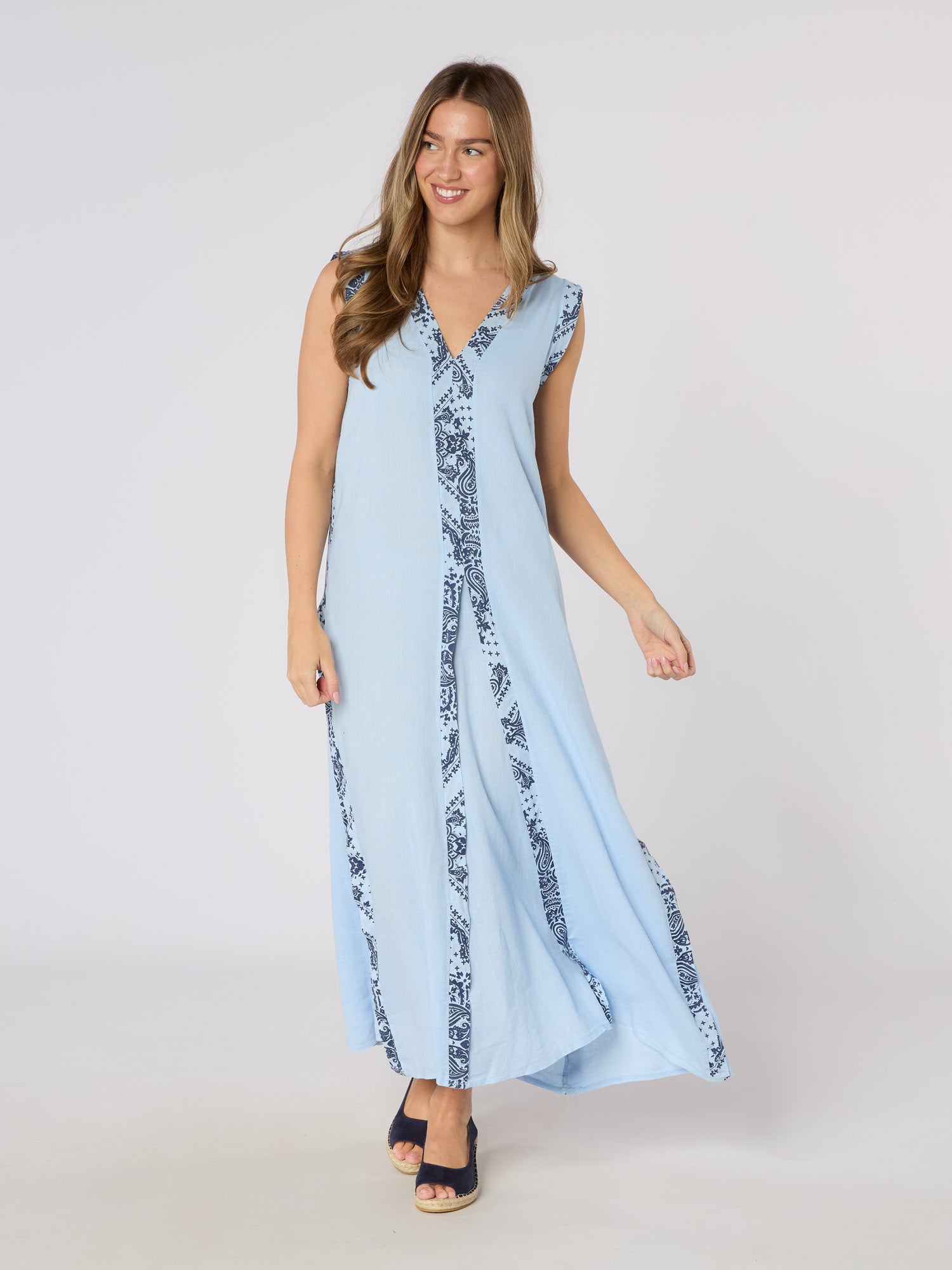 sail to sable linen dress SAIL TO SABLE SEA STRIPE FLUTTER SLEEVE MAXI Extra Large