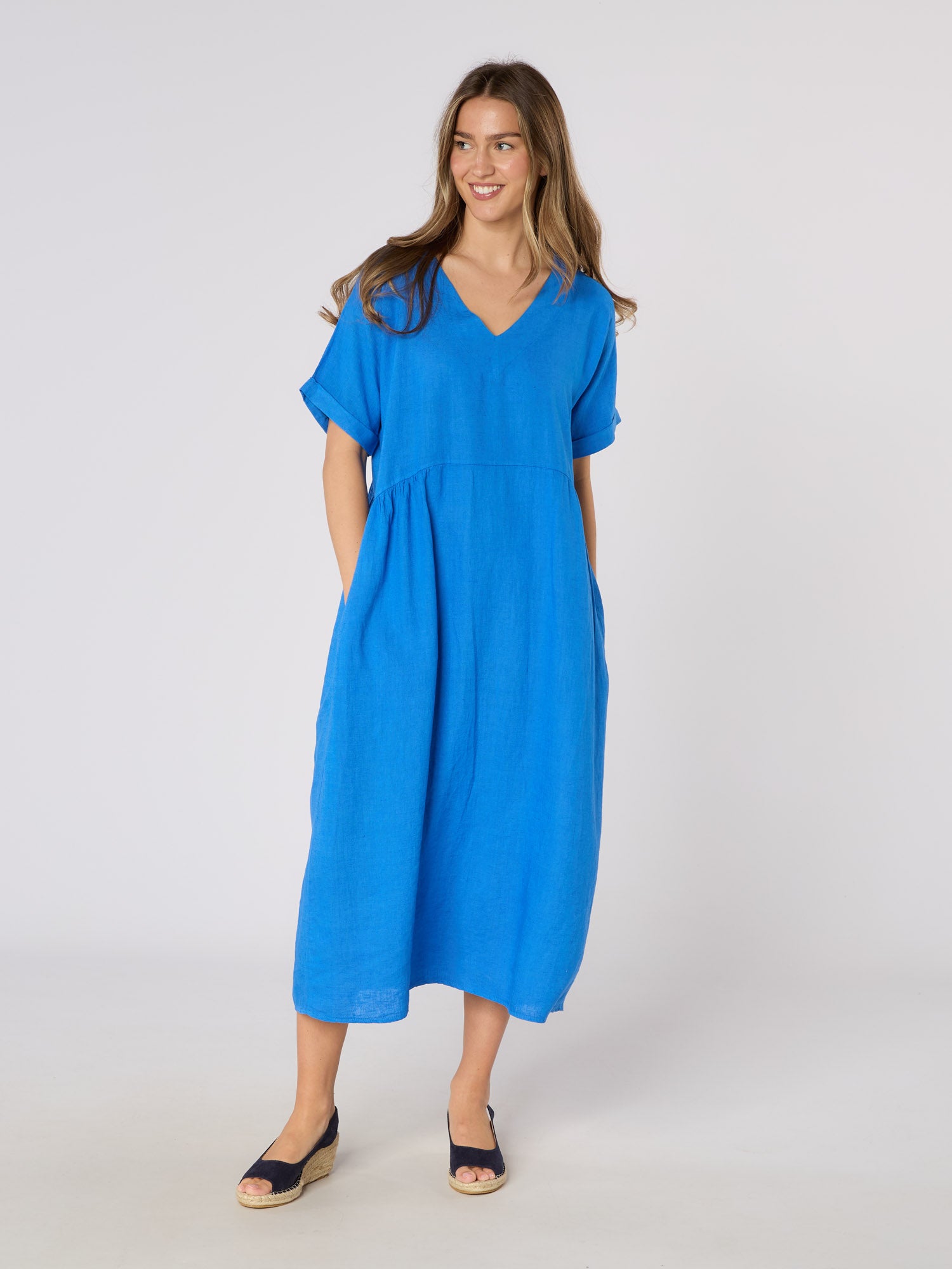 knee length dresses for ladies Luca Vanucci Tulips V Neck Linen Dress 1348 — L and L Stuff main image 1